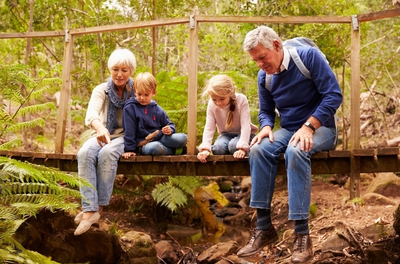 Grandparents sitting on a wooden bridge with grandkids, illustrating financial gifts for children.